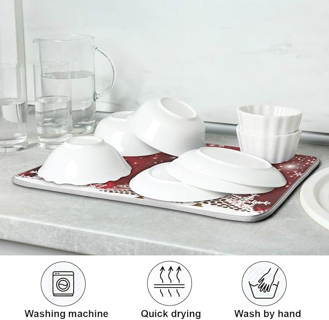 Christmas Tree Dish Drying Mat 18x24 inch Xmas New Year Snowflake Wooden Dish Drainer Kitchen Counter Mats Bottles Dish Dry Pad Protector for Kitchen Countertops