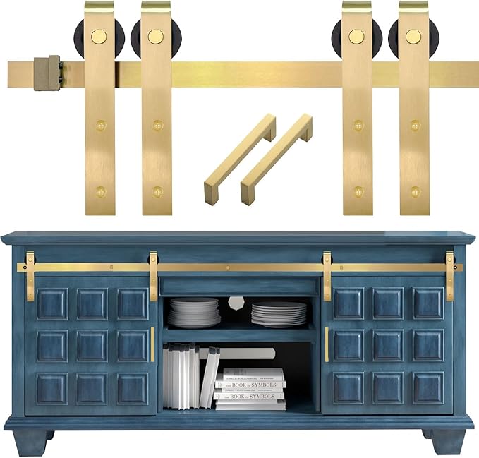 Rio Salto Mini Gold Barn Door Hardware Kit with 2 Handles, Double Pannel Cabinet Rollers DIY Track for Sliding Furniture (Light Gold, 8FT Track Kit (Double Door)