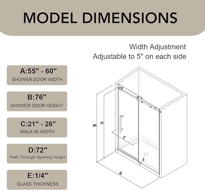 55-60” W x 76" H Single Sliding Shower Door, Frameless Shower Door with Explosion-Proof Film and Nano Coating, 1/4” (6MM) SGCC Tempered Glass, Stainless Steel Hardware, Matte Black