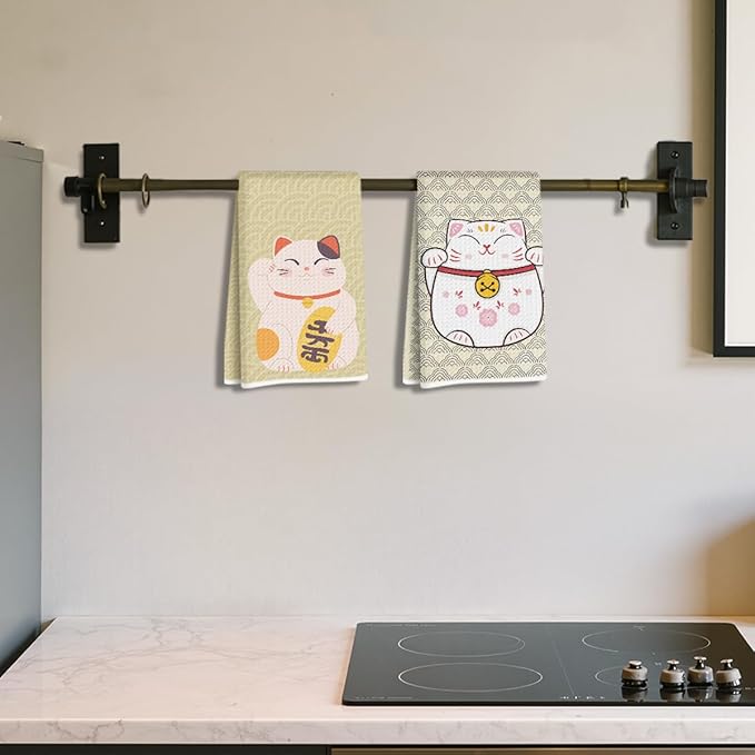 2 Pcs Japanese Lucky Cat Kitchen Towels 24x14 Inch, Maneki Neko Gifts Reusable Dish Towels for Kitchen Bathroom Decor, Waffle Weave Hand Cloth Tea Towel, Cute Cat Gifts for Women Mom Friend