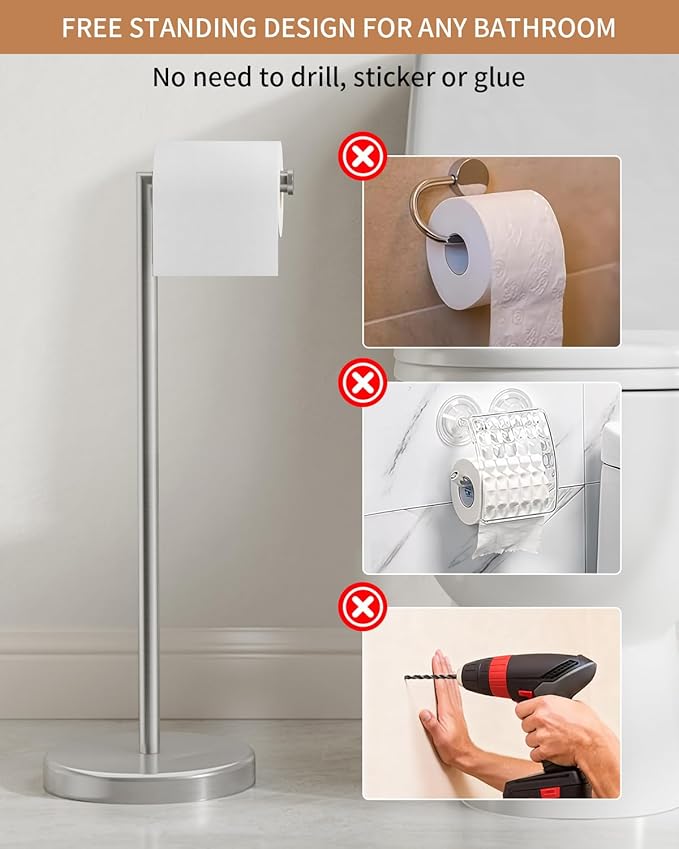 BWE Brushed Nickel Toilet Paper Holder Stand SUS304 Stainless Steel Modern Freestanding Toilet Paper Roll Tissue Holder for Bathroom, Toilet Paper Stand with Heavy Weighted Base