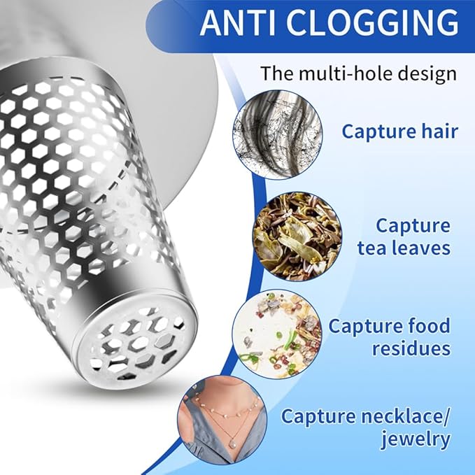 2Pack Bathroom Sink Drain Strainer, Reusable Sink Strainer Bath Tub Hair Catcher, Stainless Steel Cone Shaped Floor Drain Replacement Fit Hole Size 1.2"-1.6"
