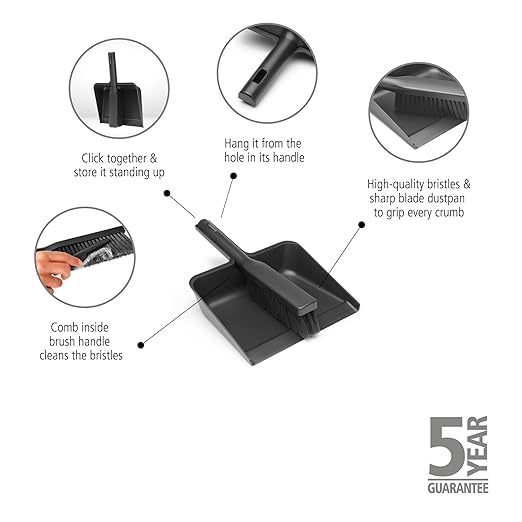 Brabantia Dustpan and Brush Set - Dark Gray | Dust Pan and Brush with Comb | Click-Together Storage | Effective Sweep Up | Space-Saving Cleaning Tool | Hand Brush & Pan | 13 x 3.5 x 9.4 in