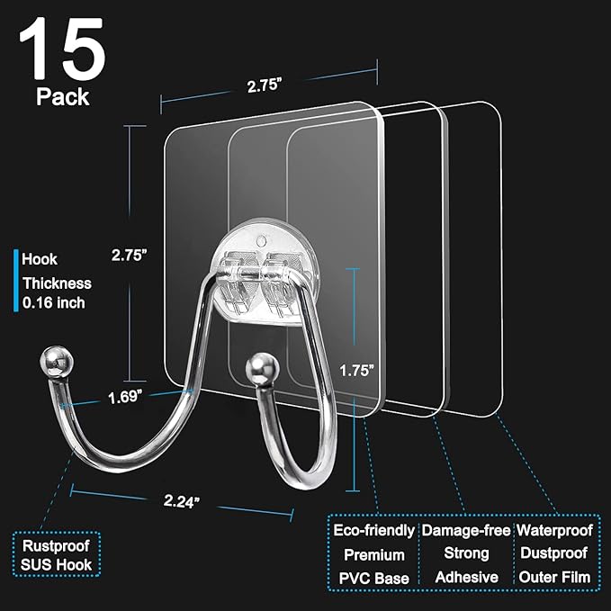 15 Pack Large Double Adhesive Wall Hooks, Damage-Free Waterproof 33 Ib Max Heavy Duty Hanging Clear Seamless Sticky Utility Hooks, Towel Coats Hats Clothes Nail Free Hangers (Twin Round Head)
