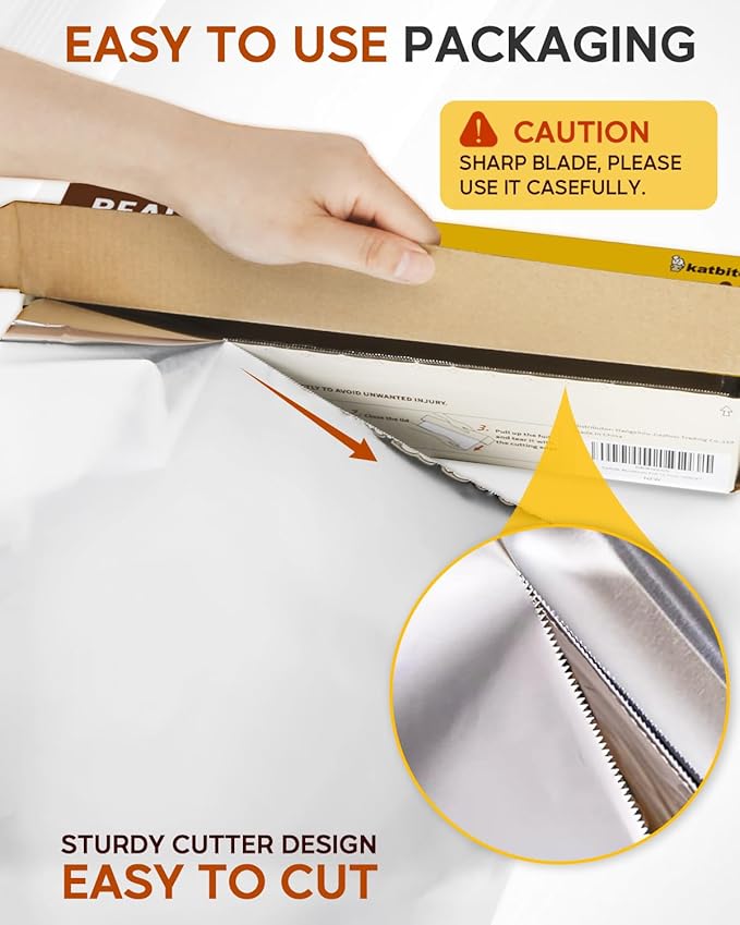 Katbite Aluminum Foil Roll, Heavy Duty 12inx150ft, 30 Micron Thick Strong Foils Aluminum Roll with Cutter for Home Cooking, Catering, Grilling,150Sqft