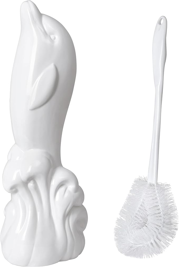 Dolphin Ceramic Toilet Brush Holder with Plastic Brush Set-White by Allure Home Creation