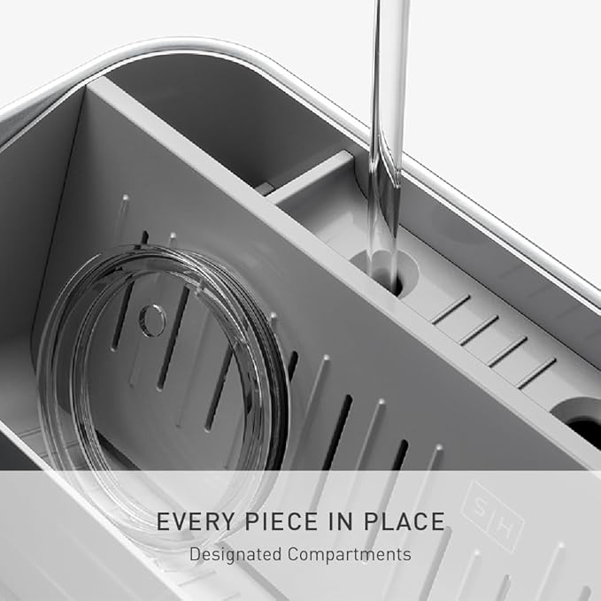 simplehuman Bottle Dock, Steel Frame Fast Drying Bottle Rack, Three-Compartment Organizer for Tumblers, Caps & Straws, Brushed Stainless Steel
