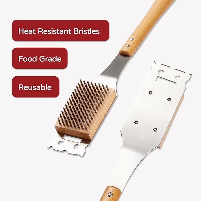 Pizza Oven Brush, 16.9 Inch Grill Cleaning Brush with Scraper, Stainless Steel Bristles with Beech Wood Handle, 2 in 1 Pizza Stones Brush, Ourdoor Pizza Oven Accessories, Heat Resistant