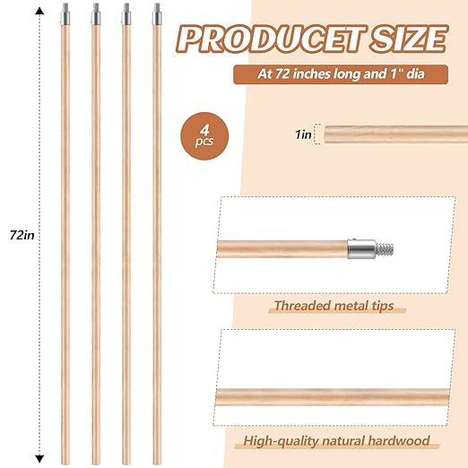 Barydat 4 Pack 72 Inch Lacquered Wood Broom Handle with Metal Threaded Tip Heavy Duty Natural Lacquered Wood Handle for Floor Home Office Commercial, 1" Diameter