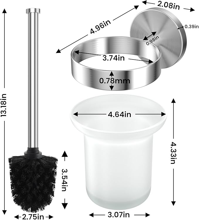 Dailyart Toilet Brush Holder Set: 2 Pack Bathroom Deep Cleaning - Stainless Steel & Glass Toilet Cleaner with Ergonomic Design - No Drilling Wall Mounting