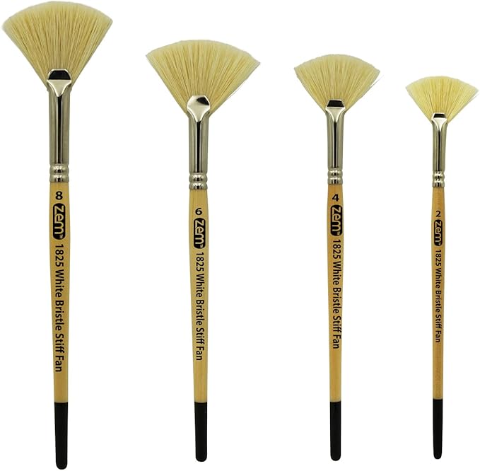 ZEM Brush White Hog Bristle Stiff Fan Brush Set Size 2,4,6,8