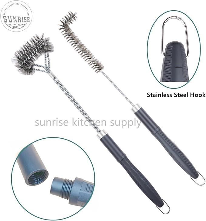 SUNRISE Fryer Brush with Long Handle (Stainless Steel with Plastic Handle, L and Double Brush)