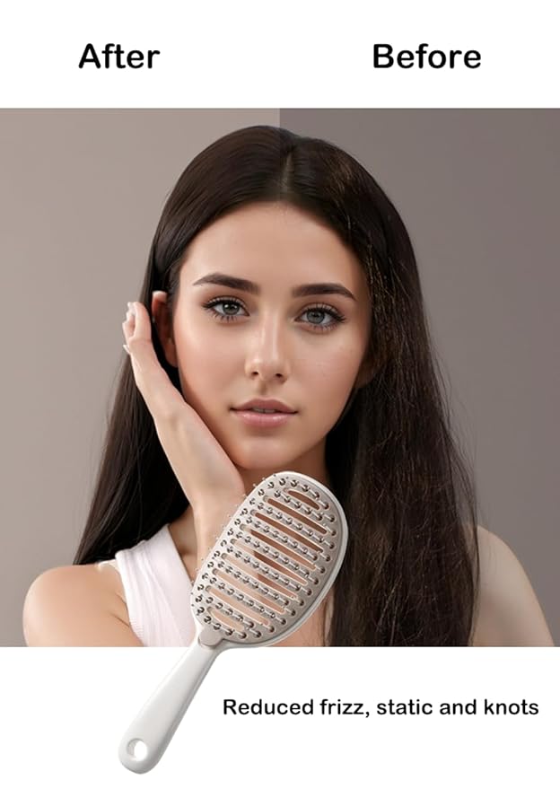 Self Cleaning Hair Brush, Easy Clean Detangling Brush, Curved Vented Detangler Brush for Faster Blow Drying for Women Men Kids, Wet & Dry Hair (White)