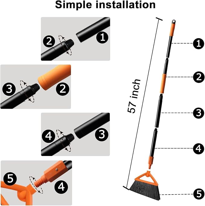Heavy Duty Angle Broom 1 Pack - Orange Broom for Outdoor & Indoor, Garage, Driveway, Sidewalk, Kitchen & More, Long Handle