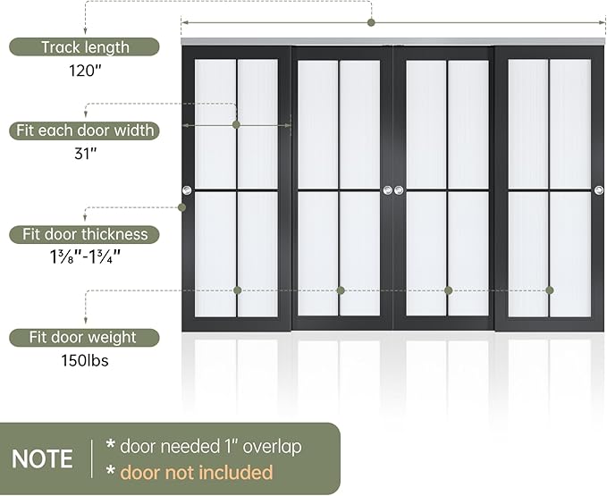 EaseLife 10FT/120in Bypass Double Sliding Pocket Door Hardware Kit,Commercial Grade,Aluminum,Bypassing Wardrobe Closet Door Track for 4 Door System,Slide Smoothly Quietly,Easy Install,No Doors