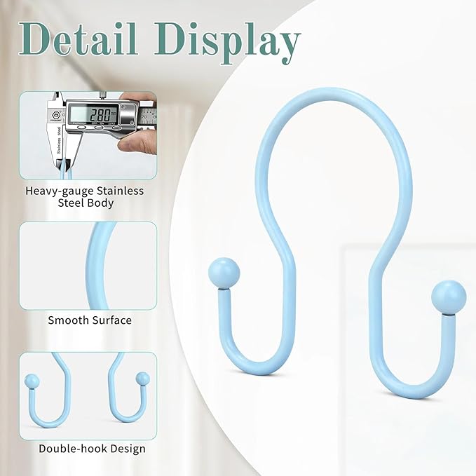 Goowin Shower Curtain Hooks, 12 Pcs Shower Curtain Rings, Stainless Steel Shower Curtain Hangers, Metal Shower Curtain Hooks Rings Rust Proof, Minimalist Shower Hooks for Shower Curtain, Blue