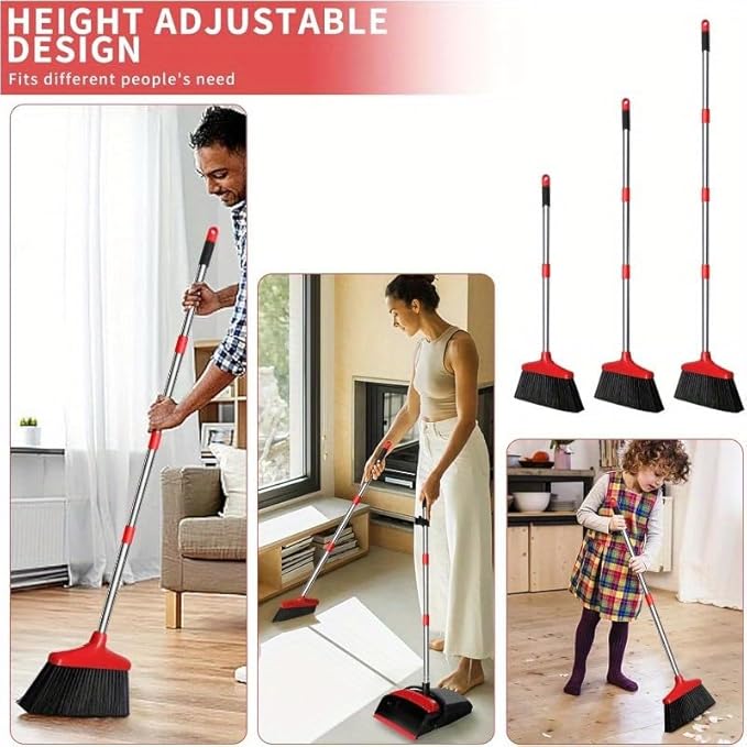 Broom and Dustpan Set, 43-in Long Adjustable Handle Broom Dustpan Combo,Automatically Clean Hair Suitable for Home Kitchen Office Hall Floor,Red