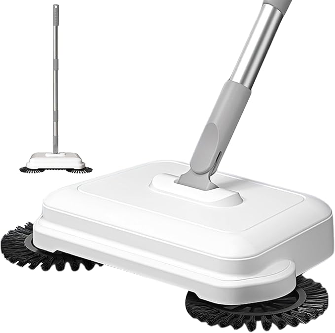 Floor Sweeper, 2-in-1 360° Rotating Hand Push Sweeper, High Efficient Carpet Sweeper with Long Handle, Hanging Manual Vacuum Sweeper for Home Office, Carpet Sweeper, White