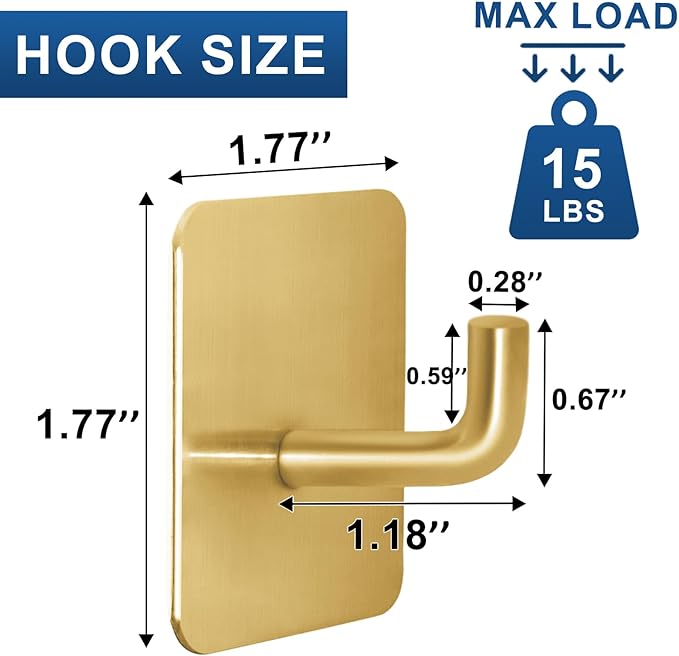 Adhesive Hooks for Bathrooms, 4 Piece Towel Hooks for Hanging Hat Robe Coat, Stick on Hooks for Kitchens, Strong Self-Adhesive No Damage Waterproof Stainless Steel Sticky Hook (Gold)