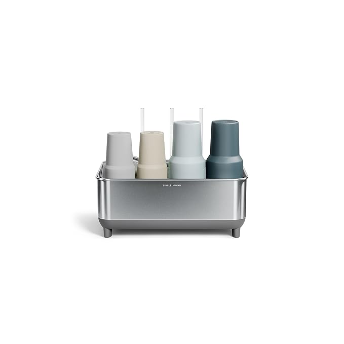 simplehuman Bottle Dock, Steel Frame Fast Drying Bottle Rack, Three-Compartment Organizer for Tumblers, Caps & Straws, Brushed Stainless Steel