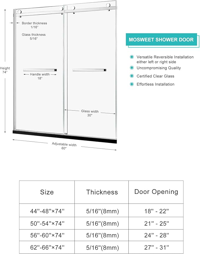 Milano Double Sliding Shower Door, 54 in.W x 74 in.H Framed Shower Door 5/16"(8mm) Clear Tempered Glass, 18 inch Pull Handle, Stainless Steel Hardware, Polished Chrome Finished