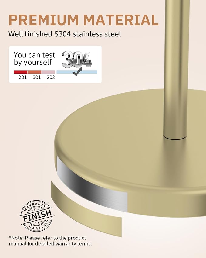 BWE Brushed Gold Toilet Paper Holder Stand, SUS304 Stainless Steel Modern Free Standing Toilet Paper Holder for Bathroom and Washroom with Heavy Weighted Base