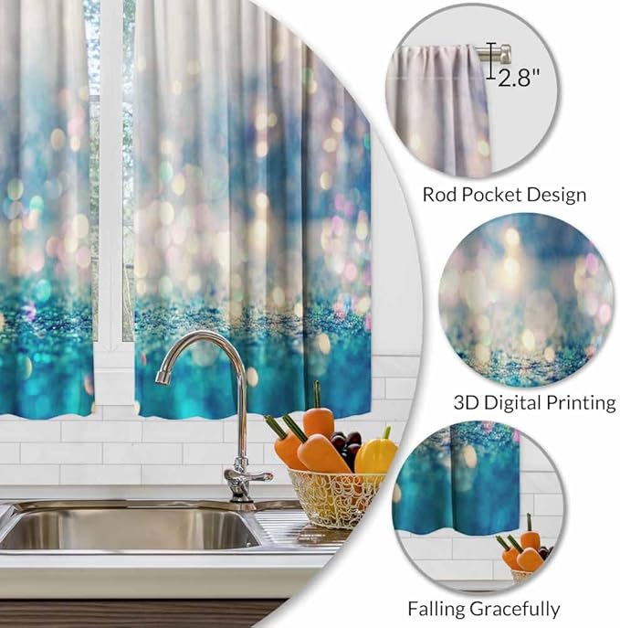 Blue Glitter Pattern Kitchen Curtains Beautiful Abstract Shiny Light Blur Bokeh Short Tier Curtains for Bathroom Cafe Small Window Drapes Treatment 2 Panels (27.5x39 Inch)