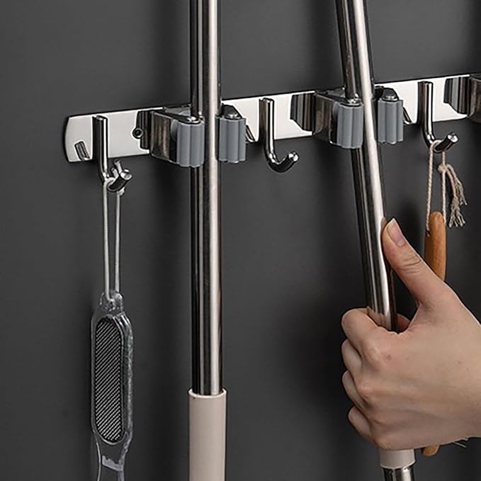 Stainless Steel Wall Mounted Mop Holder Multifunctional Mop Holder Perforated/No Punch Mop Holder Broom Closet Organiser Ideal for Cleaning and Tidying Laundry Room Garden Tool Room