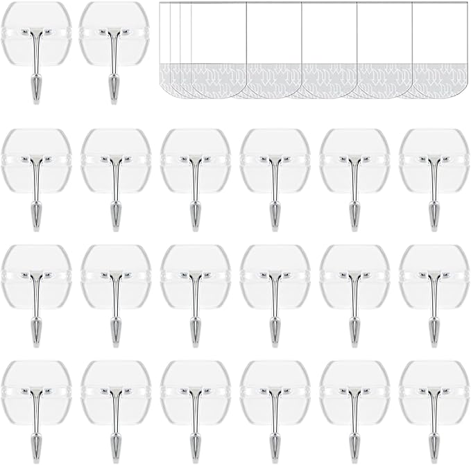 20 Hooks-25 Removable Strips, Small Clear Wire Hooks Value Pack, Damage Free Hanging Wall Hooks with Adhesive Strips, Removes Cleanly, No Tools Utility Hooks for Hanging Decorations