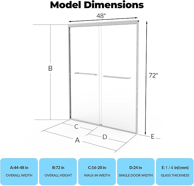 44" - 48" W x 72" H Semi-Frameless Double Sliding Shower Door, Bypass Walk-in Shower Enclosure with 1/4" Tempered Glass, Brushed Nickel Finish