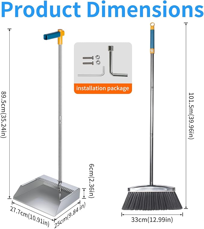Metal Dustpan with Broom Combo Set, Heavy Duty 304 Stainless Steel 1mm Thick Dust Pan Supports Adult Weight, Long Handle Self-Standing Upright Broom for Home Kitchen Garage Cleaning