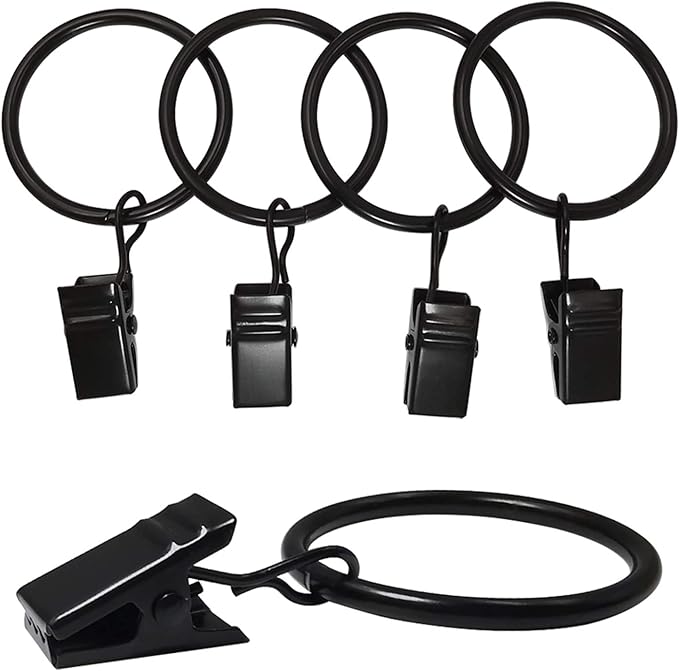 40 Pack Curtain Rings with Clips, Drapery Clips with Rings, Drapes Rings 1.26 in Interior Diameter, Fits up to 1 in Curtain Rod, Black