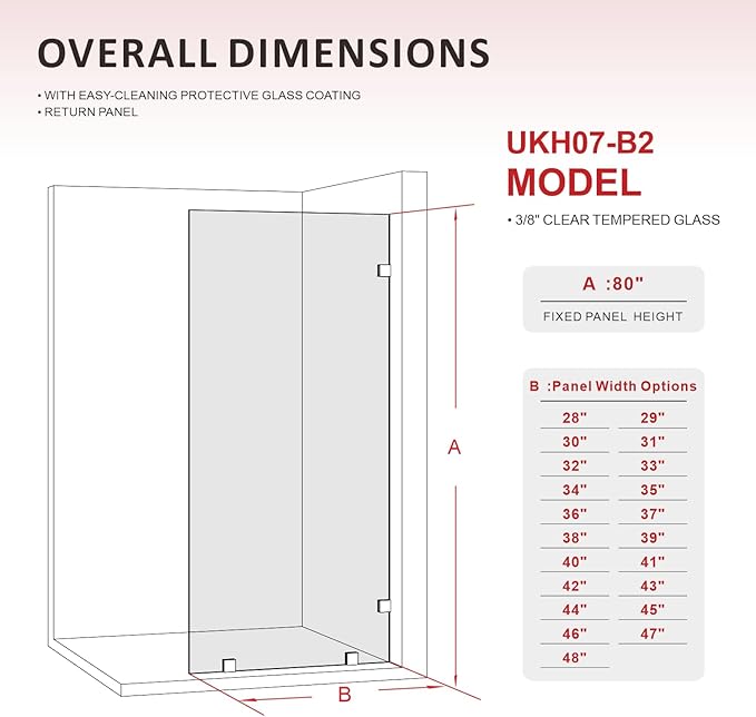 35" W ×80" H Shower Glass Panel, Frameless Fixed Glass Shower Panel with Clamps, 3/8" (10mm) Thick Clear Certified Tempered Shower Door, Bathroom Shower Screen in Space Gray UKH07B2-35X80-SG