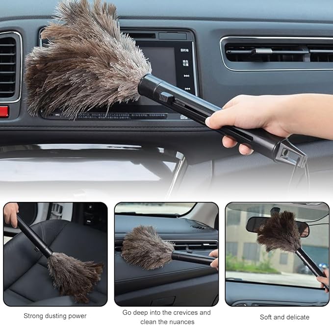 2pcs Ostrich Feather Duster for Cleaning, 9.8-16 inch Fluffy Natural Retractable Feather Duster with Retractable Handle (Black)
