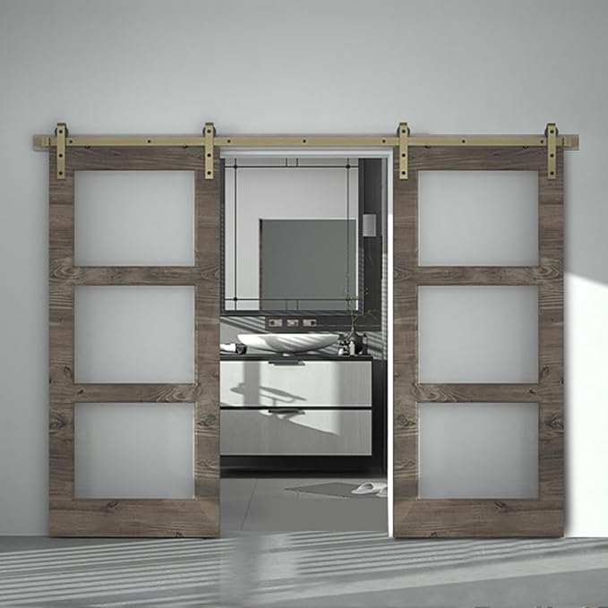 16FT Classic Brass Sliding Barn Door Hardware Kit for Interior Double Door Brushed Gold