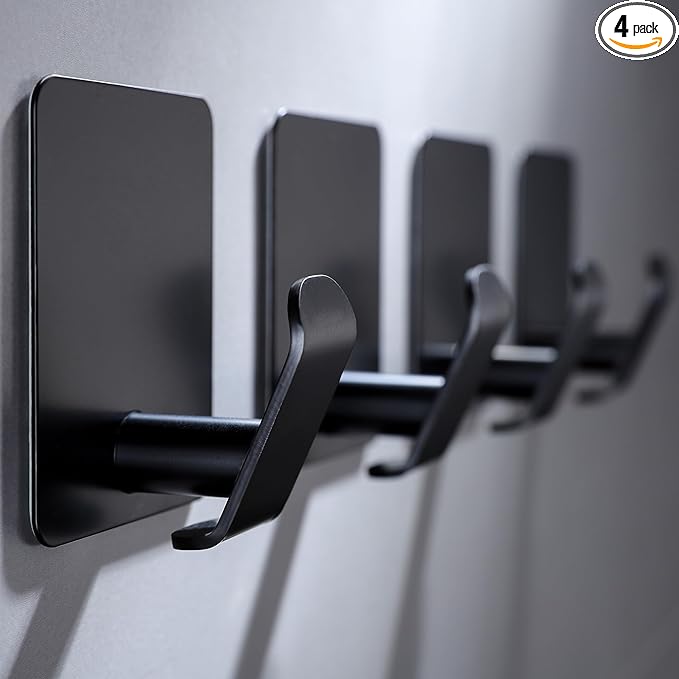 Taozun Black Towel Hooks - 4 Pack Stainless Steel Wall Hooks Rustproof and Oil Proof for Kitchen Bathroom