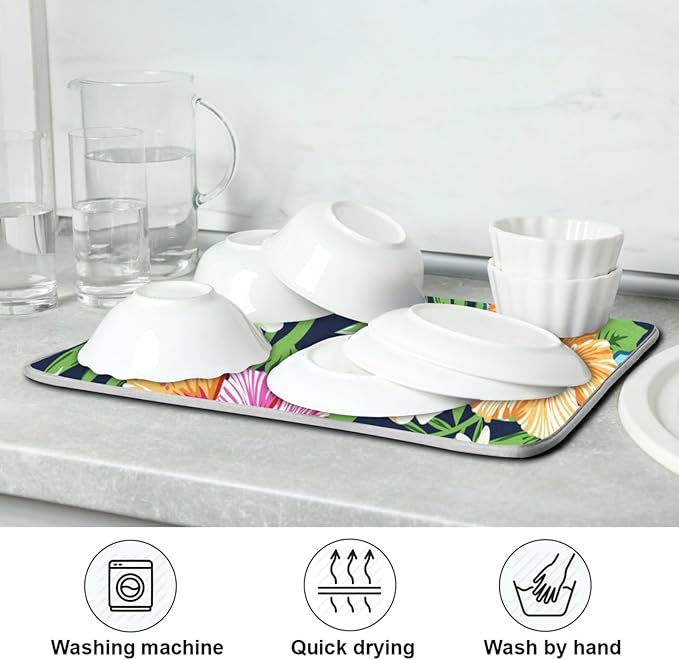 Tarity Colorful Tropical Flowers Dish Drying Mat for Kitchen Counter Absorbent Heat Resistant Microfiber Dishes Drainer Mat 16x18 in Dish Pad Sink Mat Protective Pad Kitchen Decor