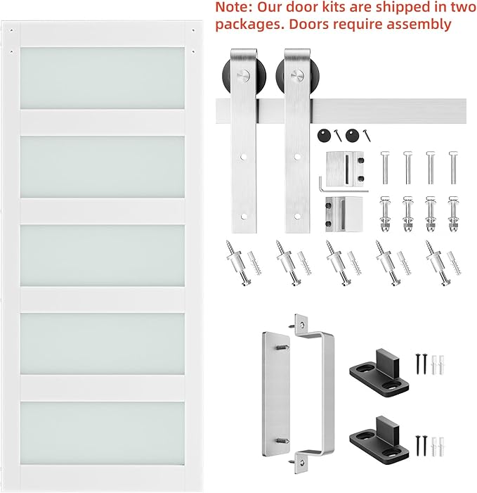 SmartStandard 34 x 84 inch Glass Barn Door with 6FT Brushed Nickel Sliding Hardware Kit & Handle, Pre-Drilled Ready to Assemble, Waterproof PVC Coating, White, 5-Panel Glass