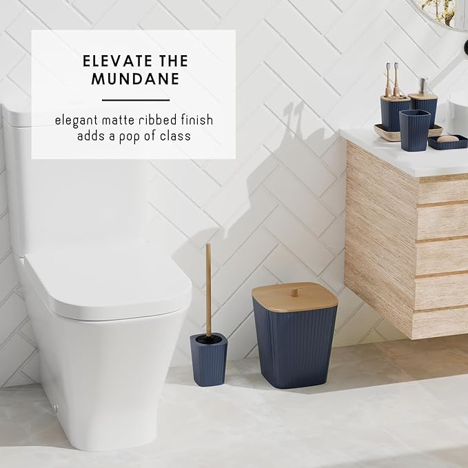 Clara Clark Bathroom Accessories Set - Bathroom Set, Bathroom Accessory Set, Shower Curtain Set, Toilet Brush, Trash Can & Soap Dispenser - Navy - 20PC