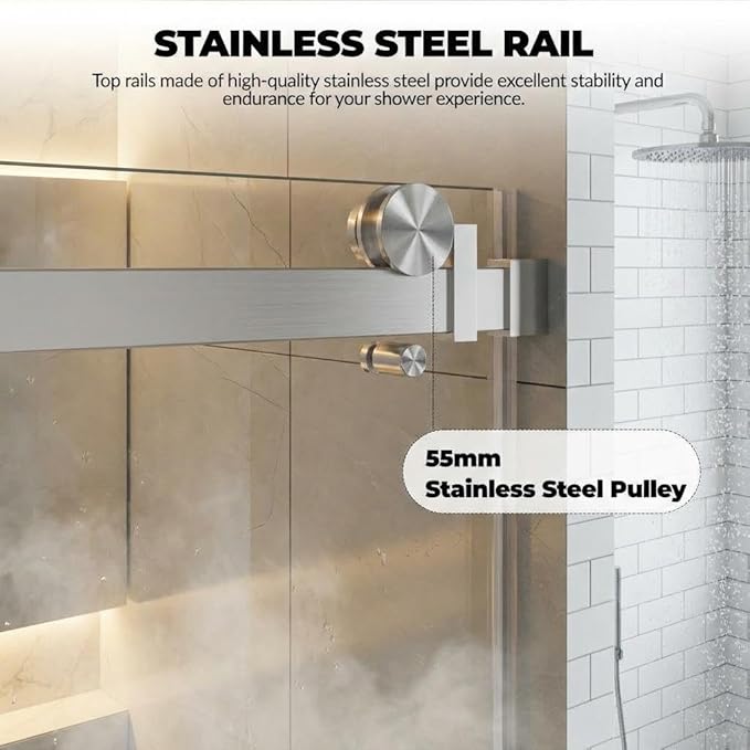 Frameless Sliding Shower Door, Adjustable 44"-48" W x 76" H with 8mm (5/16") Tempered Clear Glass & Explosion-Proof Film, Brushed Nickel Stainless Steel Square Rail, Handle on Sliding Panel