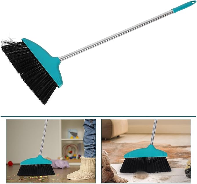 Soft Bristle Broom Long Metal Handle Wide Angle Floor Broom Pet Hair Outdoor Cleaning Suitable for Household Garage Use Green