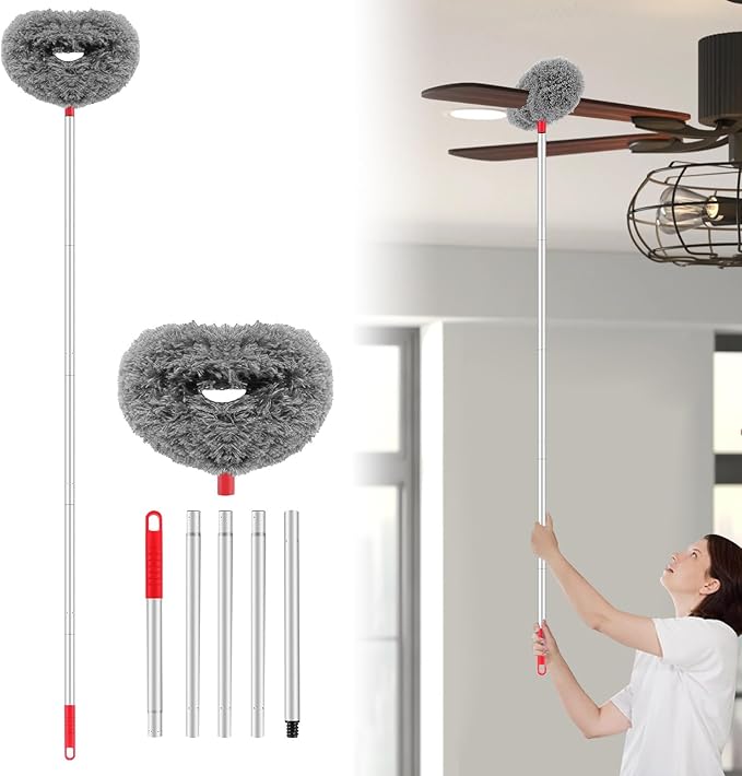 Max 66'' Ceiling Fan Cleaner Duster Reusable Microfiber Ceiling Fan Blade Cleaner Removable Duster with Extension Pole for Cleaning Walls Bookshelves Furniture Door Window Top, Gray, 1 Pack