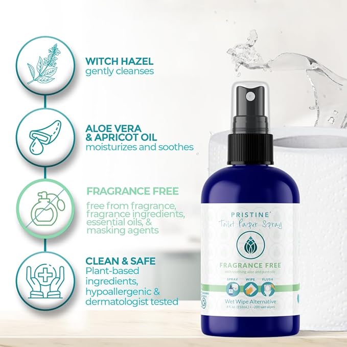 PRISTINE Toilet Paper Spray - As Seen on Shark Tank, More Natural Personal Cleansing Wipes & Flushable Wet Wipes Alternative, Spray Toilet Paper to Create Flushable Wipe, Fragrance Free, 4 fl oz