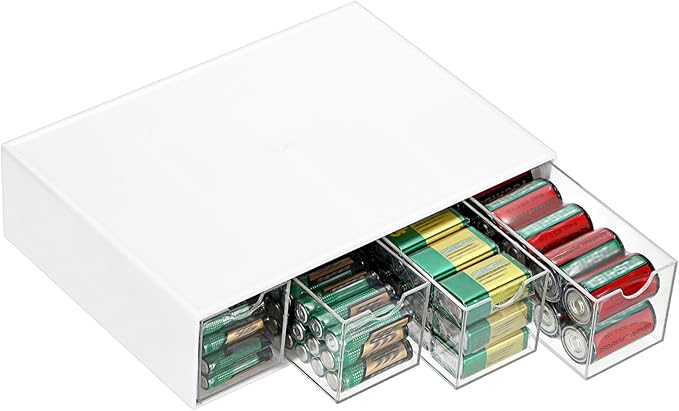 BTSKY 1 Pack White Acrylic Battery Storage Organizer for AA, AAA, 9V, C Batteries, 4-Drawer Storage Box Battery Holder Organizer for Common Types Batteries, Household Container(Batteries Not Included)