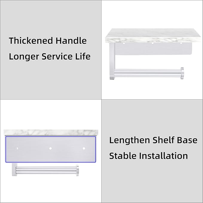 Brushed Nickel Toilet Paper Holder with Natural Marble Shelf, Screw Wall Mounted, Tissue Roll Holder for Bathroom Washroom