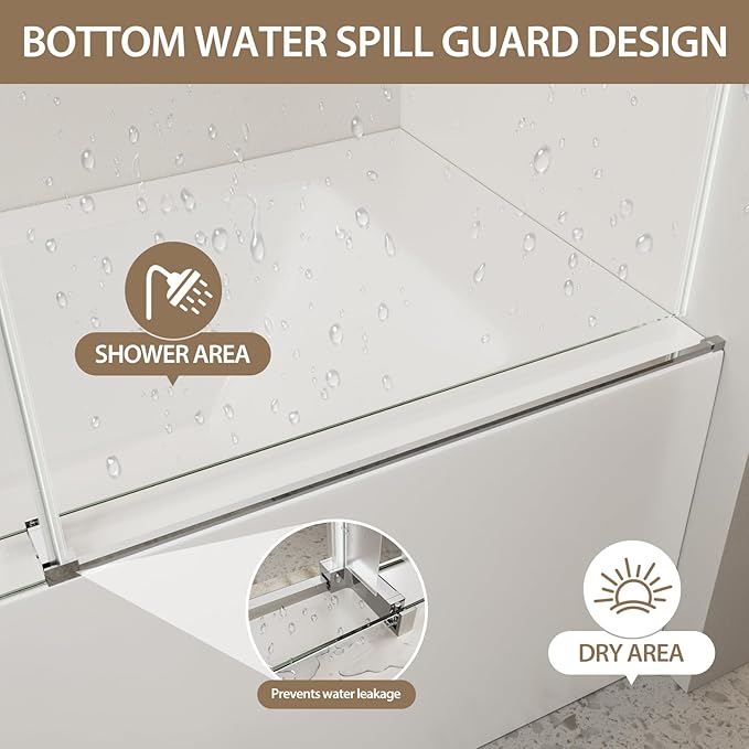 Frameless Bathtub Shower Doors 56-60" W x 60" H, 5/16" Tempered Glass Sliding Shower Door for Bath Tub with Explosion-Proof Film and Nano-Coating, Stainless Steel Components in Chrome