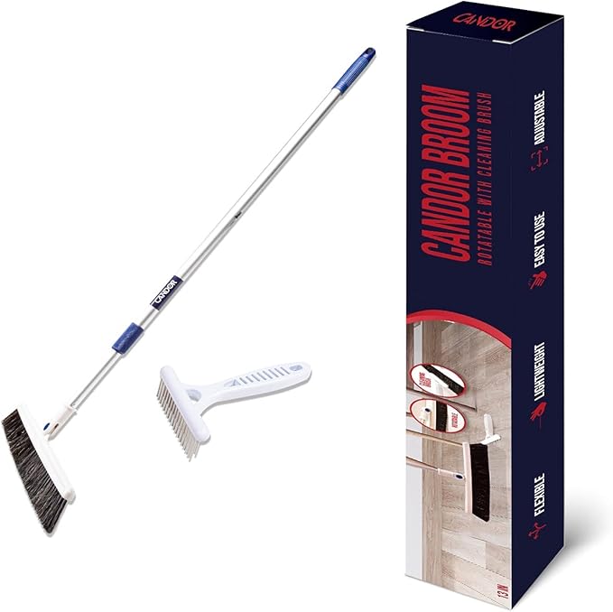 Candor Rotatable Push Broom | 63 Inch Long Lightweight Flexible Cleaning Brush Swiftly Glides Under Beds, Tables, Sofas, Ovens | Also Includes A Handy Brush to Clean The Broom | 18 Inch Head