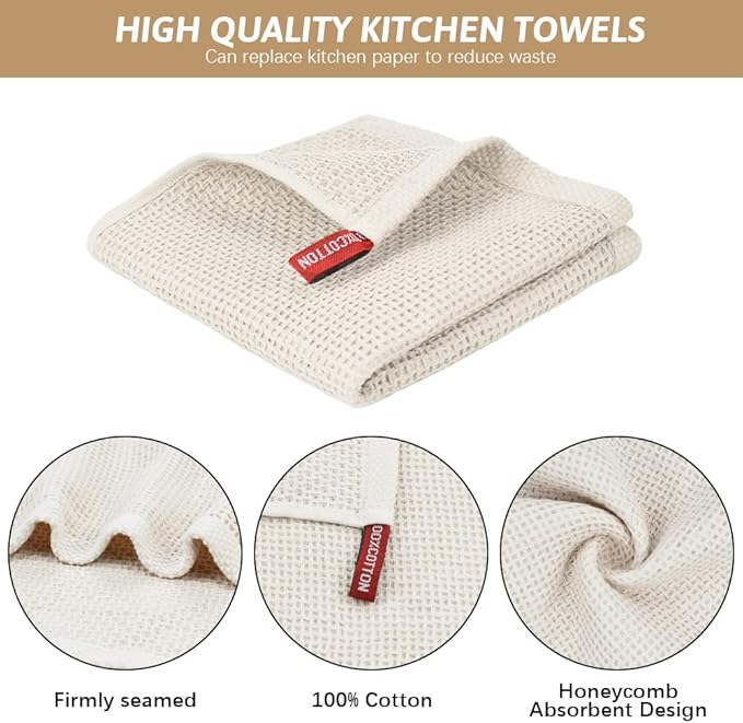 Nialnant 100% Cotton Cleaning Cloth,4 Pack Waffle Weave Cleaning Towels,Super Absorbent Dish Rags for Washing Dishes-12x12 Inch,Beige