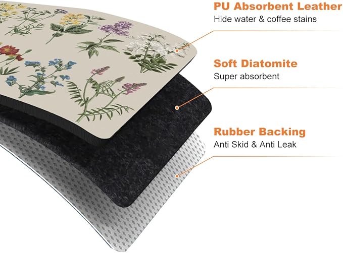 LOKHOM Dish Drying Mat for Kitchen Counter, 17"x32" Absorbent Coffee Bar Mat with Vintage Sage Flower Herbs, Dish Drainer Rack Mats for Kitchen Counter Coffee Maker Pot Dining Room Decoration