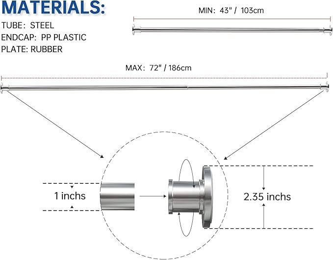 BRIOFOX Industrial Shower Curtain Rod - Rustproof Non-Slip 43-72 Inch 304 Stainless Steel Tension Curtain Rod for Window or Bathroom, Chrome